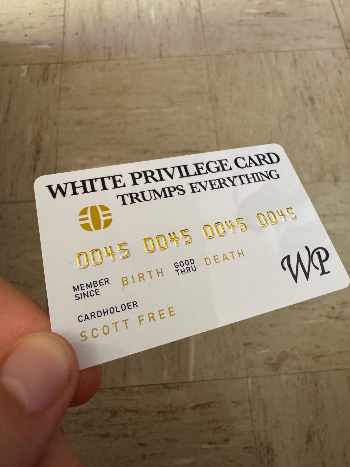 White Privilege Card funny wallet card close up